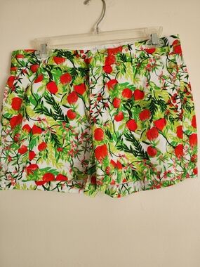 crown & ivy White Floral Print Cotton Shorts with Red & Green Accents